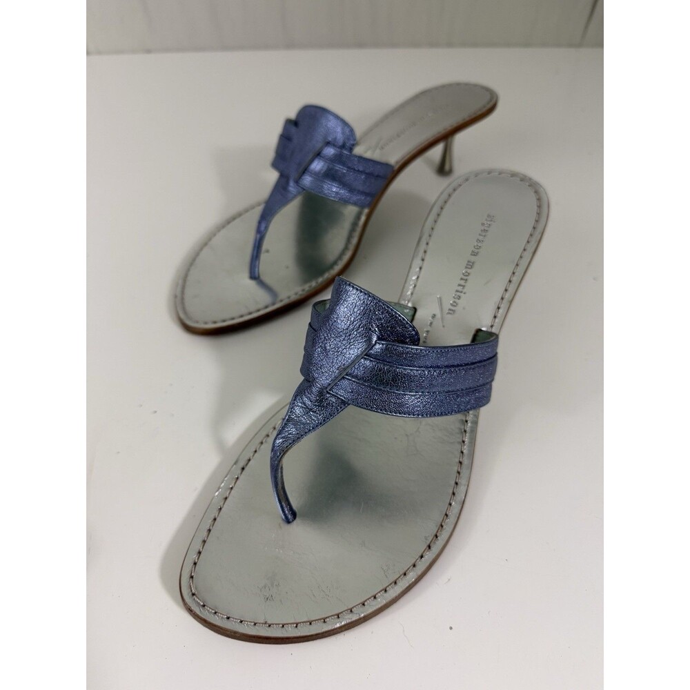Sigerson Morrison Kitten Heel Sandals Thong Metallic Blue Sz 8.5 Y2K Fashion